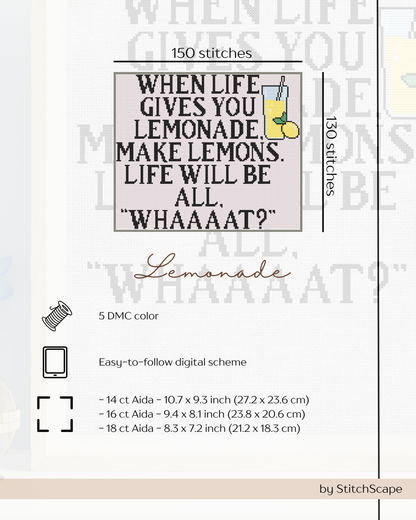 Stitch pattern with text and lemon illustration on a light background