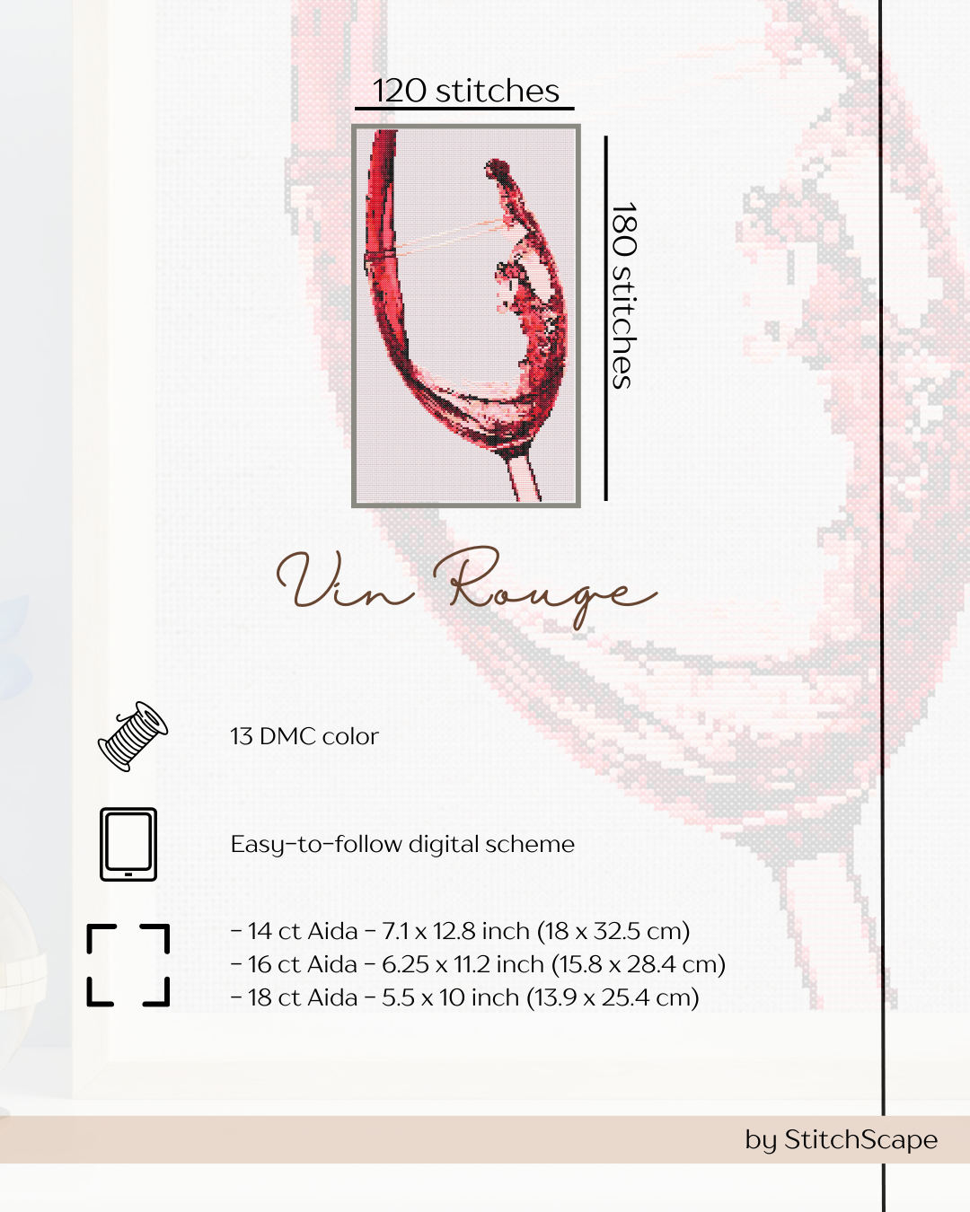 Stitch pattern for 'Vin Rouge' with embroidery details on a white background