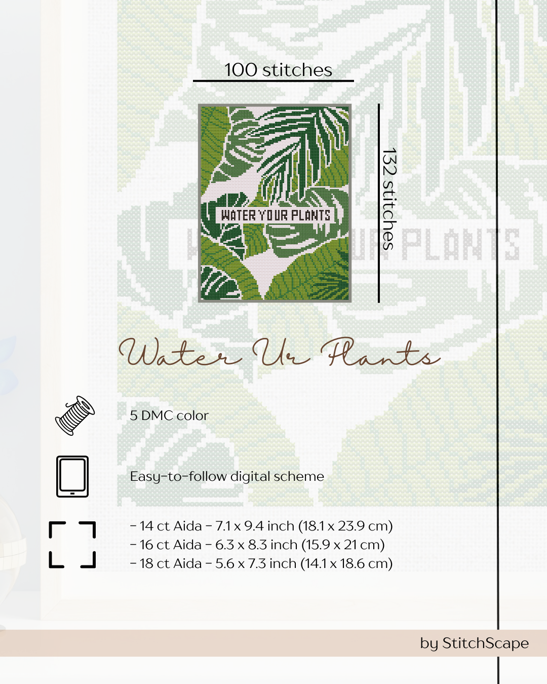 Stitch pattern with green leaves and text 'Water Your Plants' on a white background