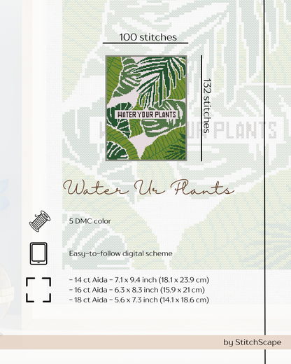 Stitch pattern with green leaves and text 'Water Your Plants' on a white background