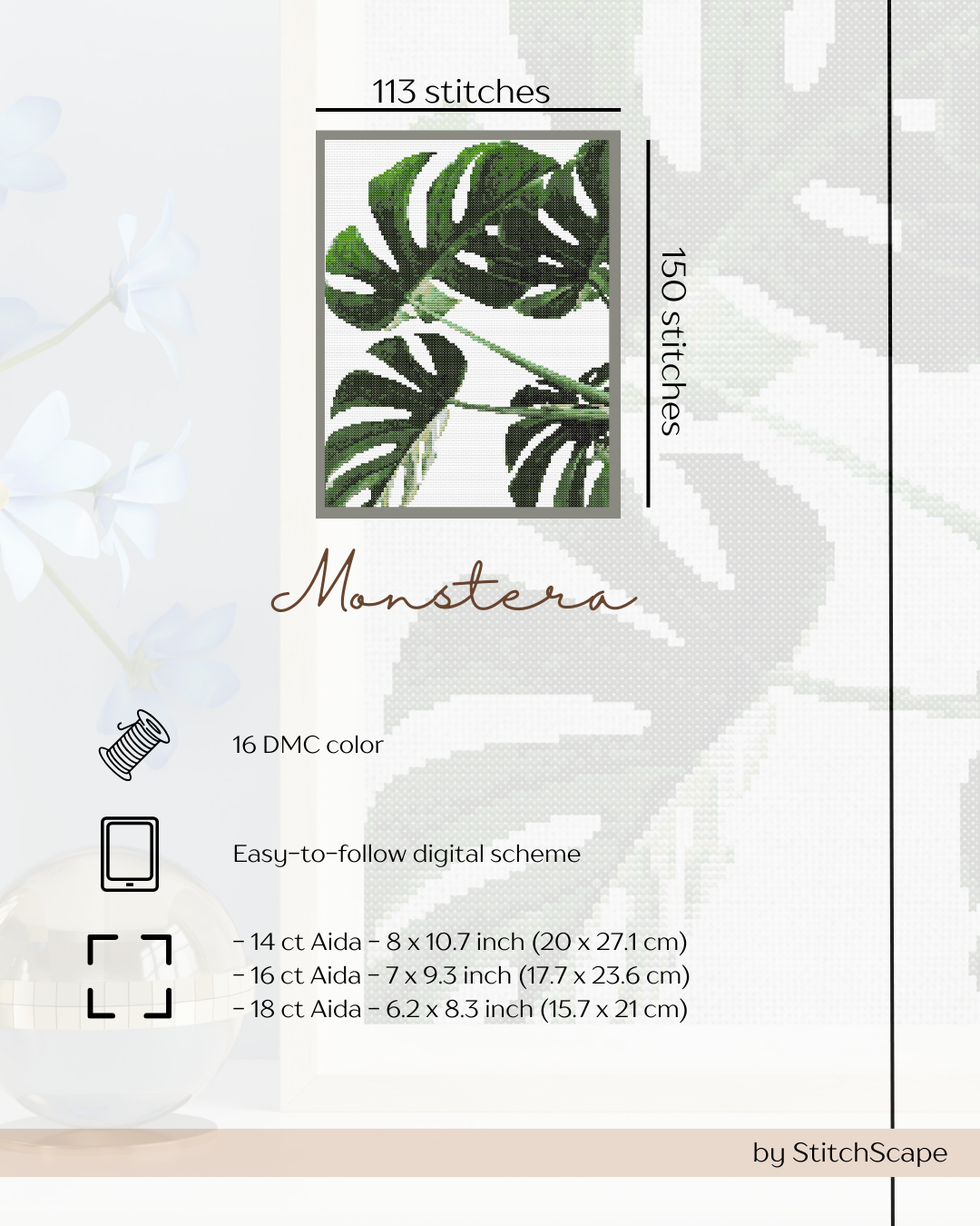 Monstera leaf embroidery kit with stitching details on a white background