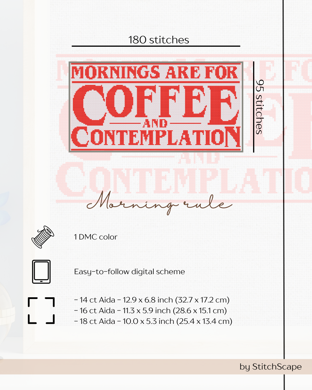 Stitch pattern card with 'Mornings are for Coffee and Contemplation' text and stitching details.