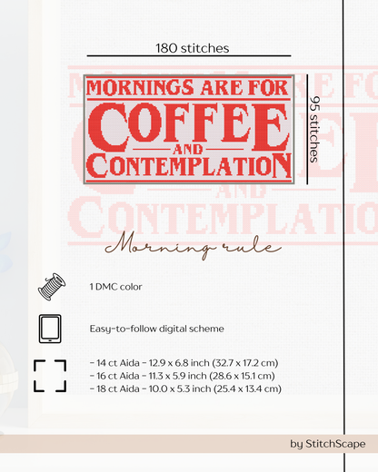 Stitch pattern card with 'Mornings are for Coffee and Contemplation' text and stitching details.