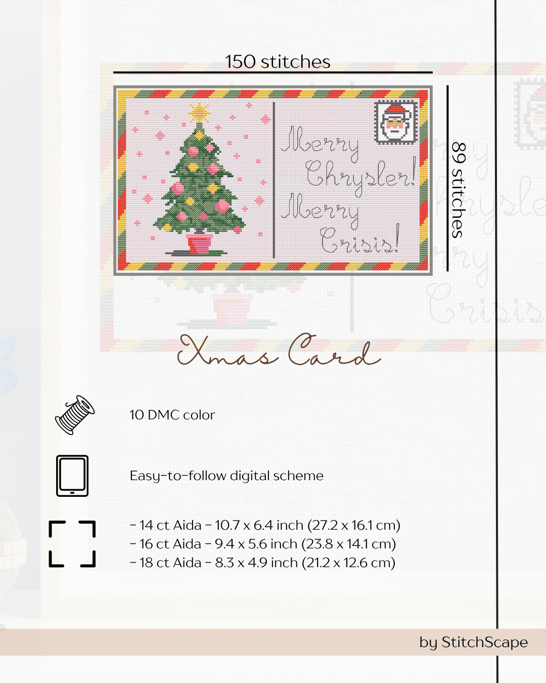 Cross-stitch pattern for a Christmas card with a tree and text, featuring StitchScape branding.