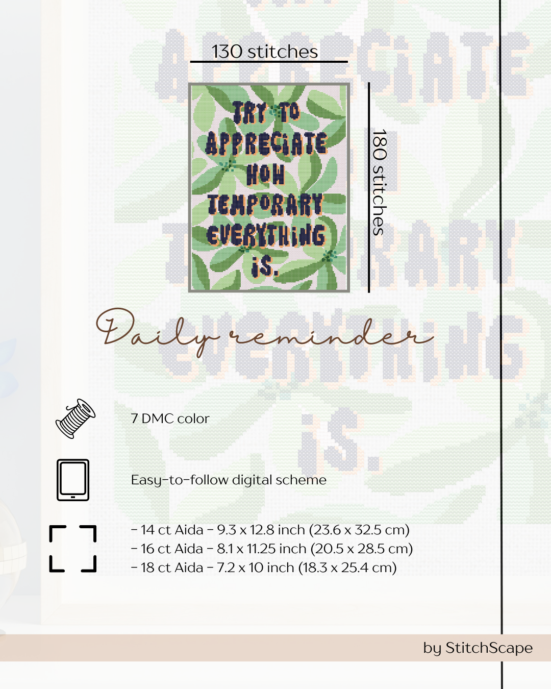 Stitchery kit with text 'Try to appreciate how temporary everything is' and stitching details.