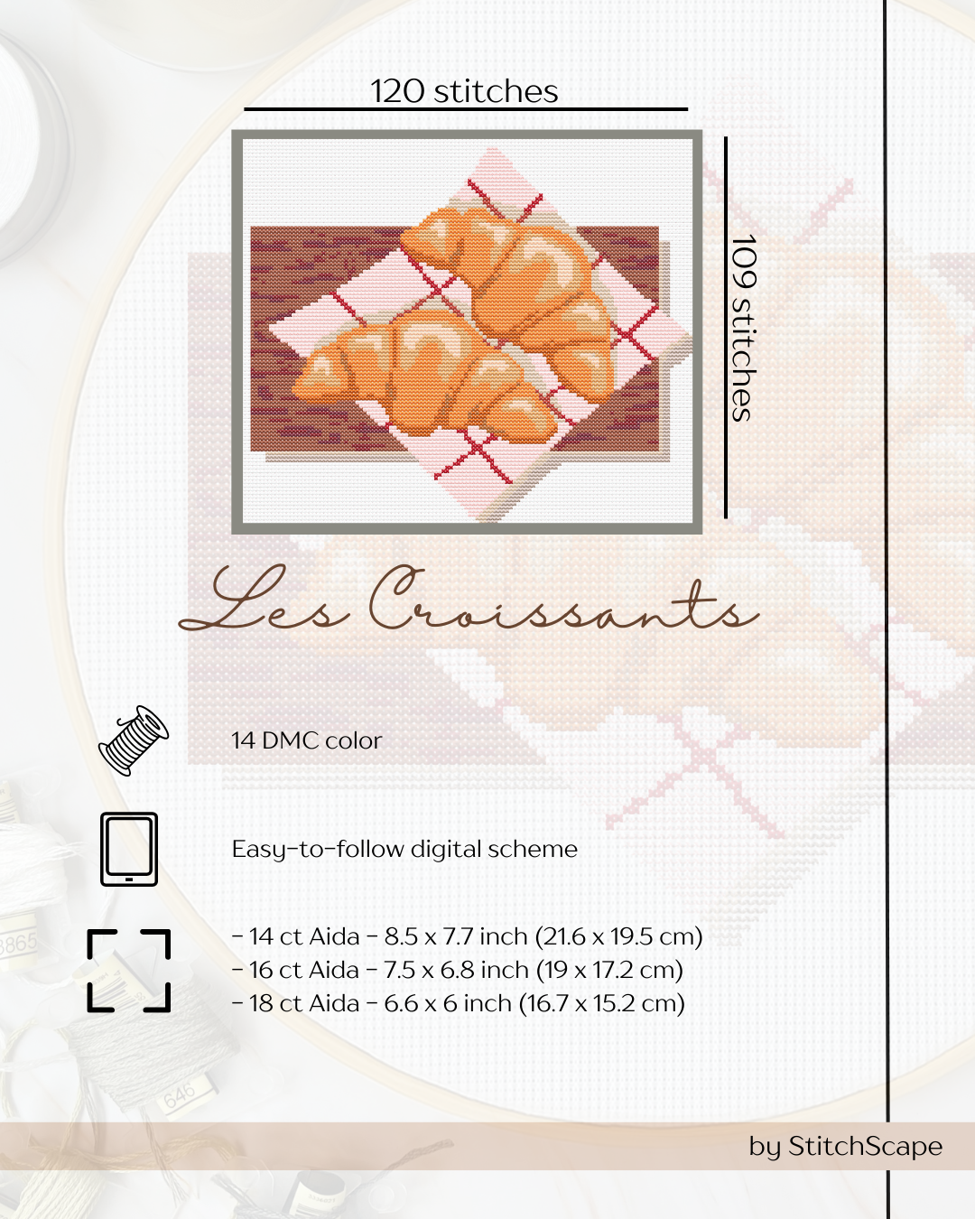 Cross-stitch pattern for croissants on a wooden surface with text and dimensions.