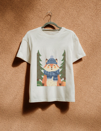 White t-shirt with a fox graphic hanging on a hanger against a brown textured wall.
