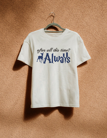 White t-shirt with text and graphic on a hanger against a brown textured wall
