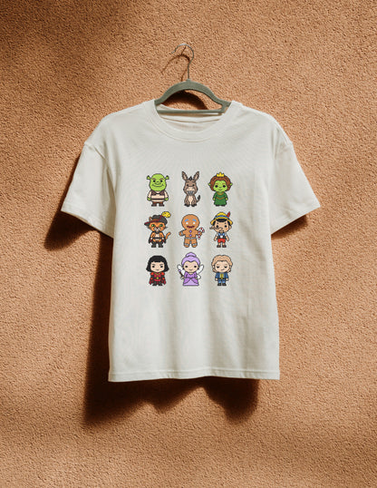 White t-shirt with pixel art character design on a beige background