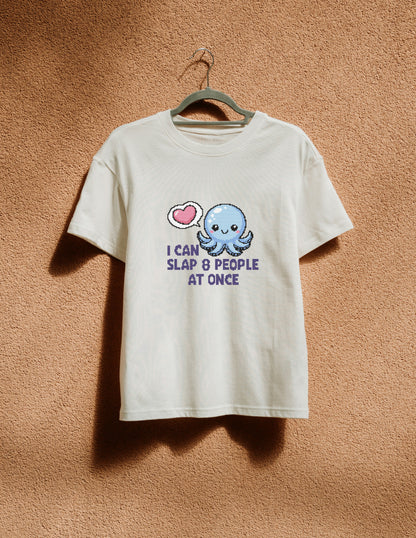White t-shirt with a cartoon octopus design and text on a beige background