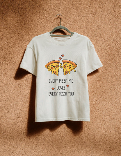 White t-shirt with pizza graphic and text on a beige background