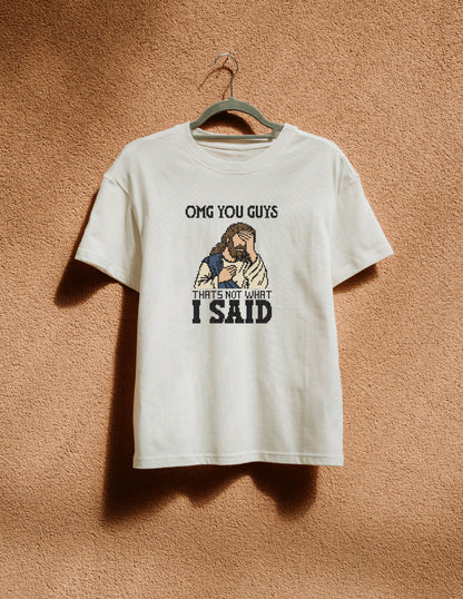 White t-shirt with graphic design and text on a beige background