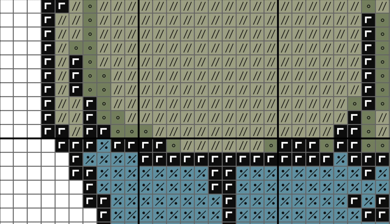 Grid pattern with black, green and blue shapes on a grid background