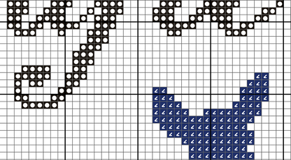 Cross-stitch pattern with blue and black designs on a grid background