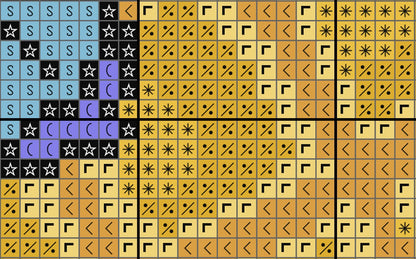 Grid of geometric shapes including stars, squares, and arrows in various colors.