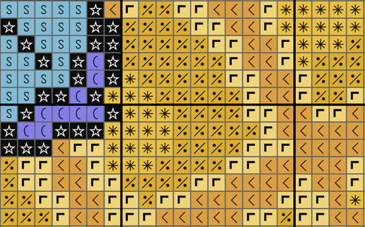 Grid of geometric shapes including stars, squares, and arrows in various colors.