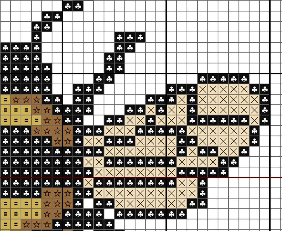Pixelated design with black, white, and beige shapes on a grid background