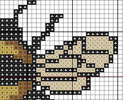 Pixelated design with black, white, and beige shapes on a grid background