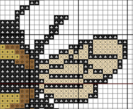 Pixelated design with black, white, and beige shapes on a grid background