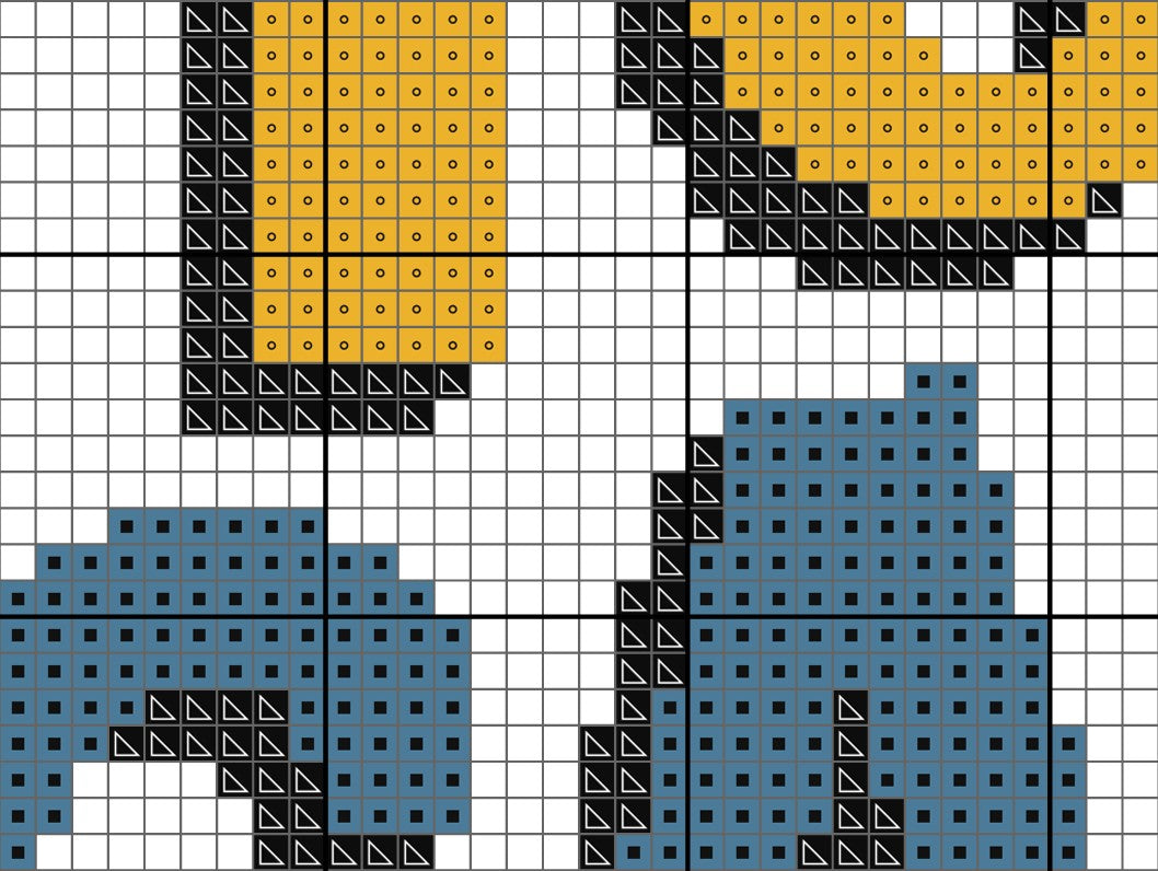 Pixelated design of a cityscape with blue and yellow buildings on a grid background
