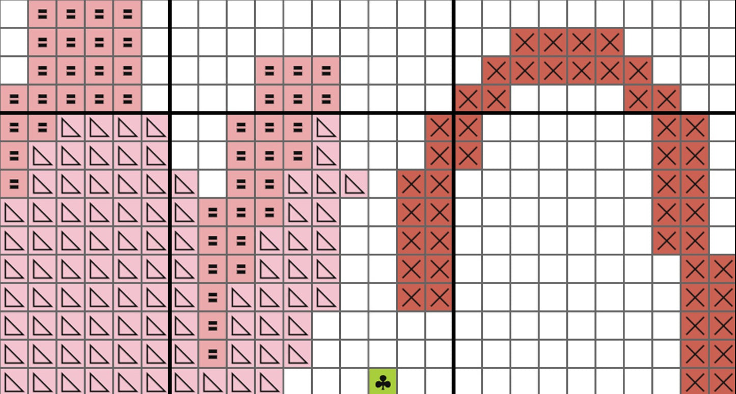 Crossword puzzle grid with partially filled words in pink and red on a white background