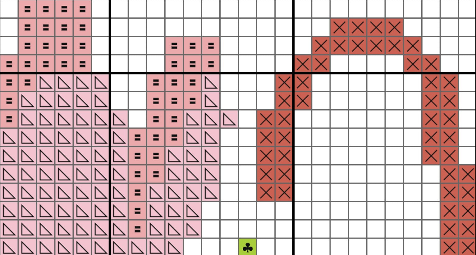 Crossword puzzle grid with partially filled words in pink and red on a white background