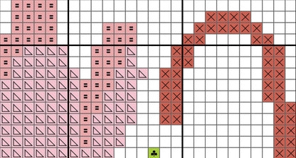 Crossword puzzle grid with partially filled words in pink and red on a white background