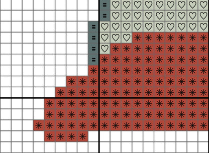 Grid pattern with red and black star shapes and white heart shapes on a white background