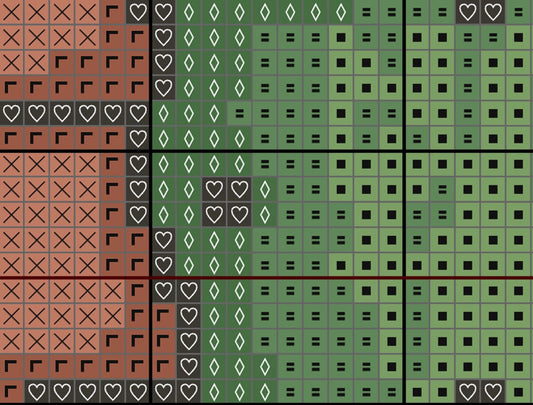 Grid of patterned tiles in brown, green, and black with heart shapes.
