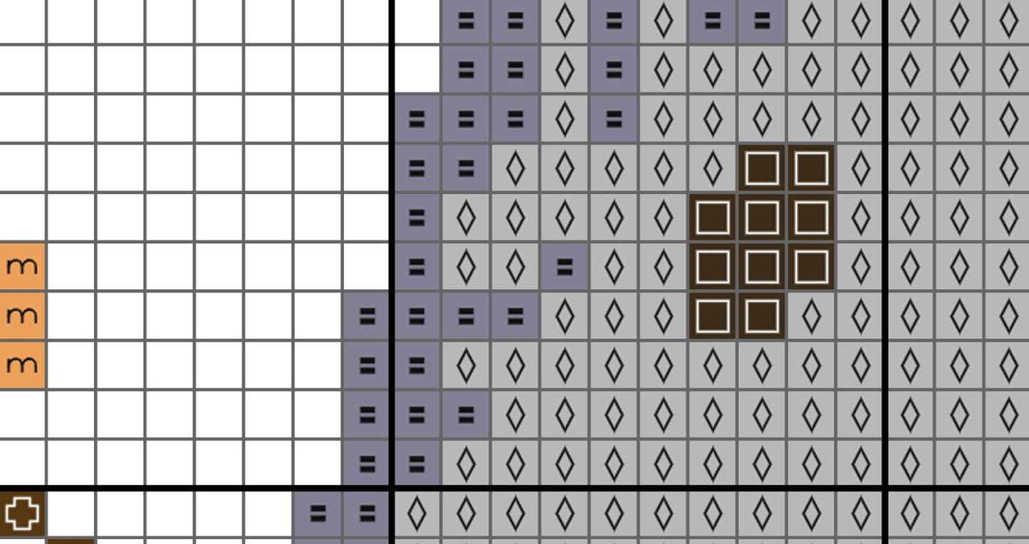 Grid pattern with various shapes and colors on a white background