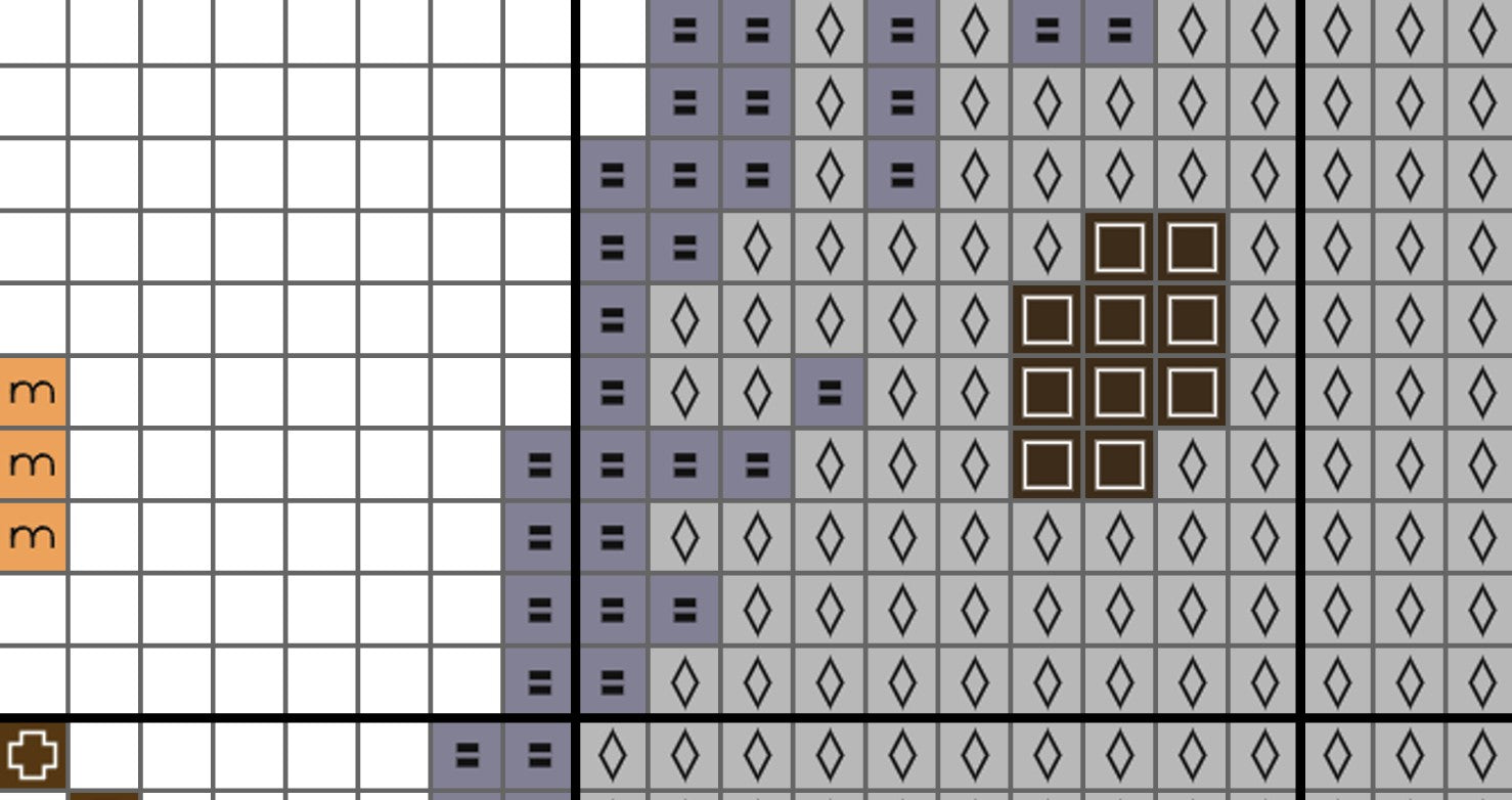 Grid pattern with various shapes and colors on a white background
