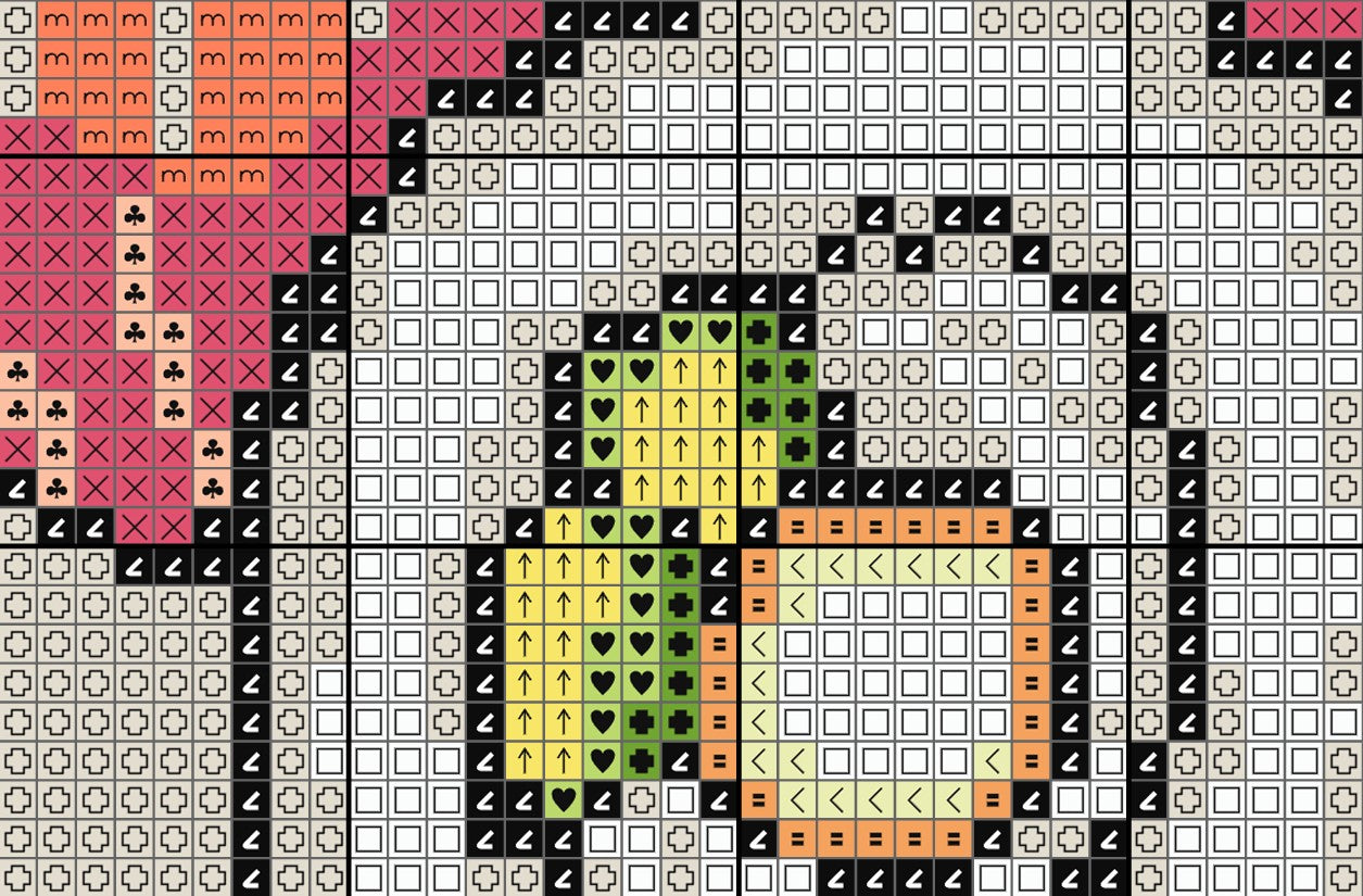 Pixel art design of a character with a checkered background