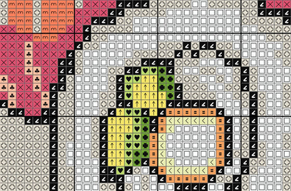 Pixel art design of a character with a checkered background