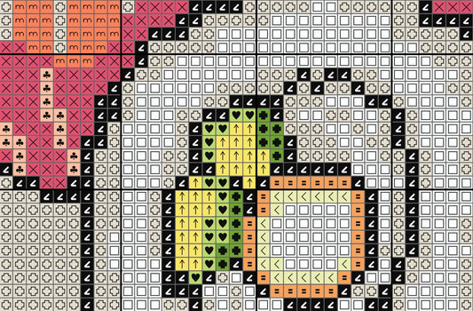 Pixel art design of a character with a checkered background