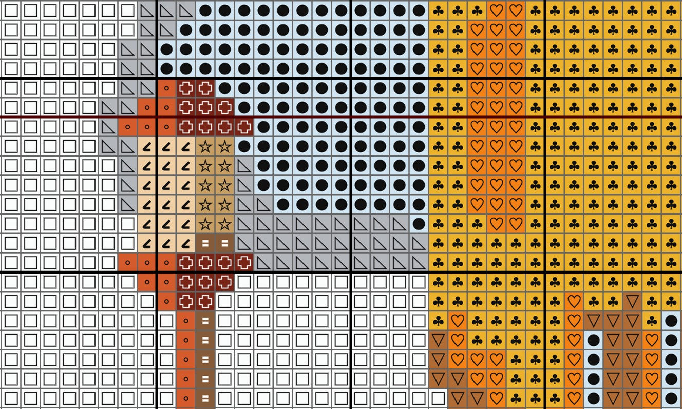 Grid of pixelated symbols including hearts, crosses, and other shapes in various colors.