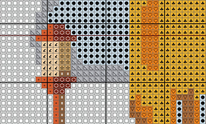 Grid of pixelated symbols including hearts, crosses, and other shapes in various colors.