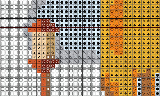 Grid of pixelated symbols including hearts, crosses, and other shapes in various colors.