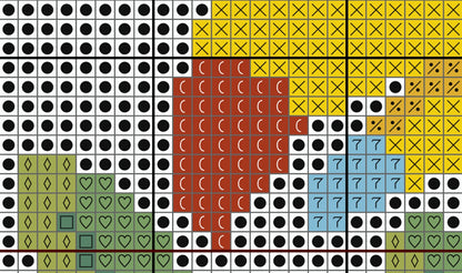 Patterned tile design with various shapes and colors on a grid background