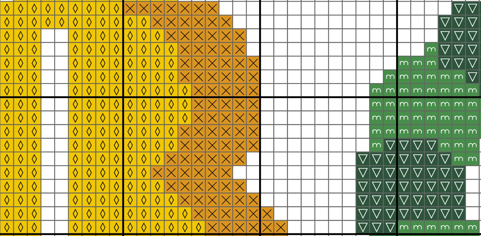 Grid pattern with yellow, brown, and green shapes on a white background