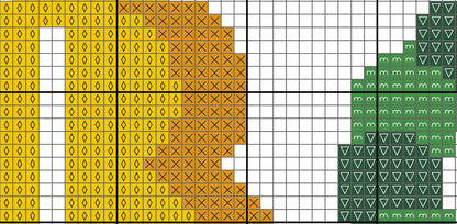 Grid pattern with yellow, brown, and green shapes on a white background