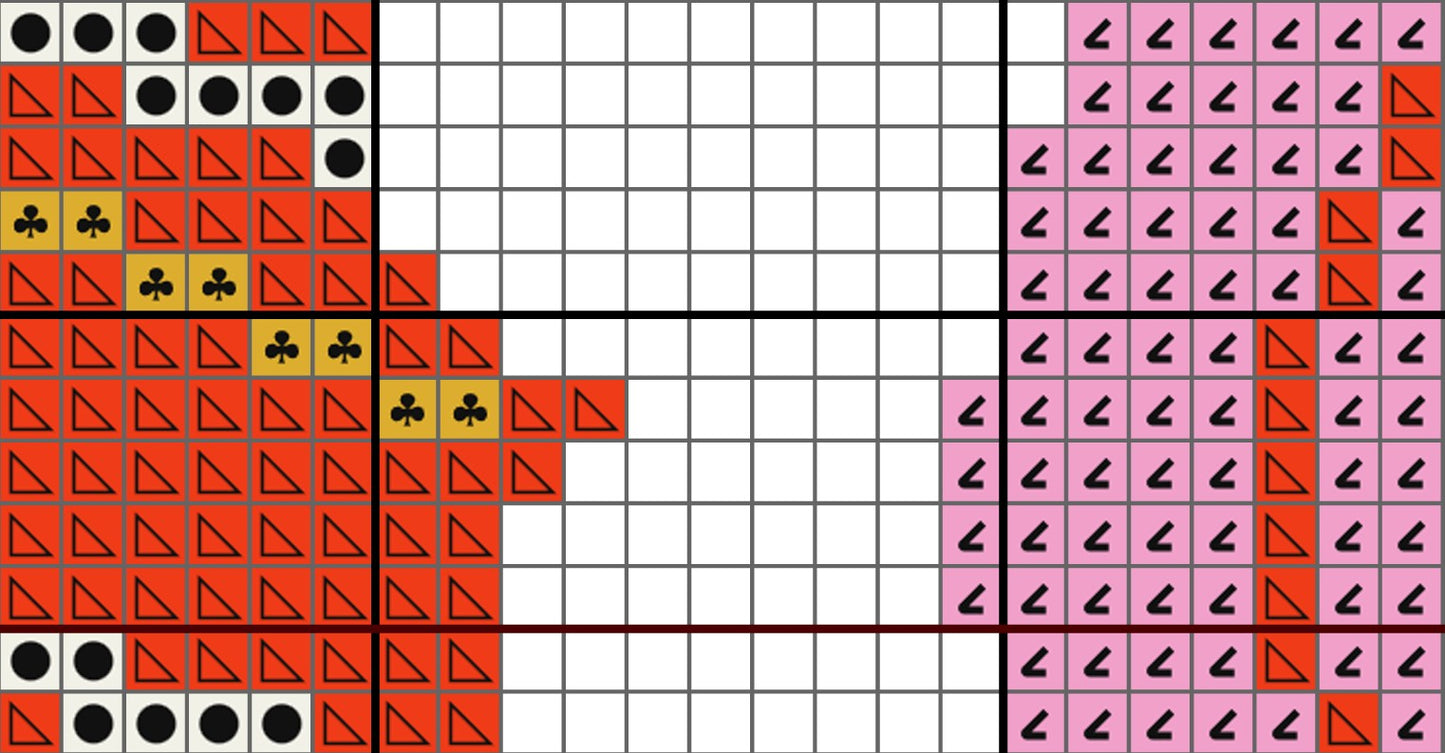Grid pattern with colored shapes and symbols