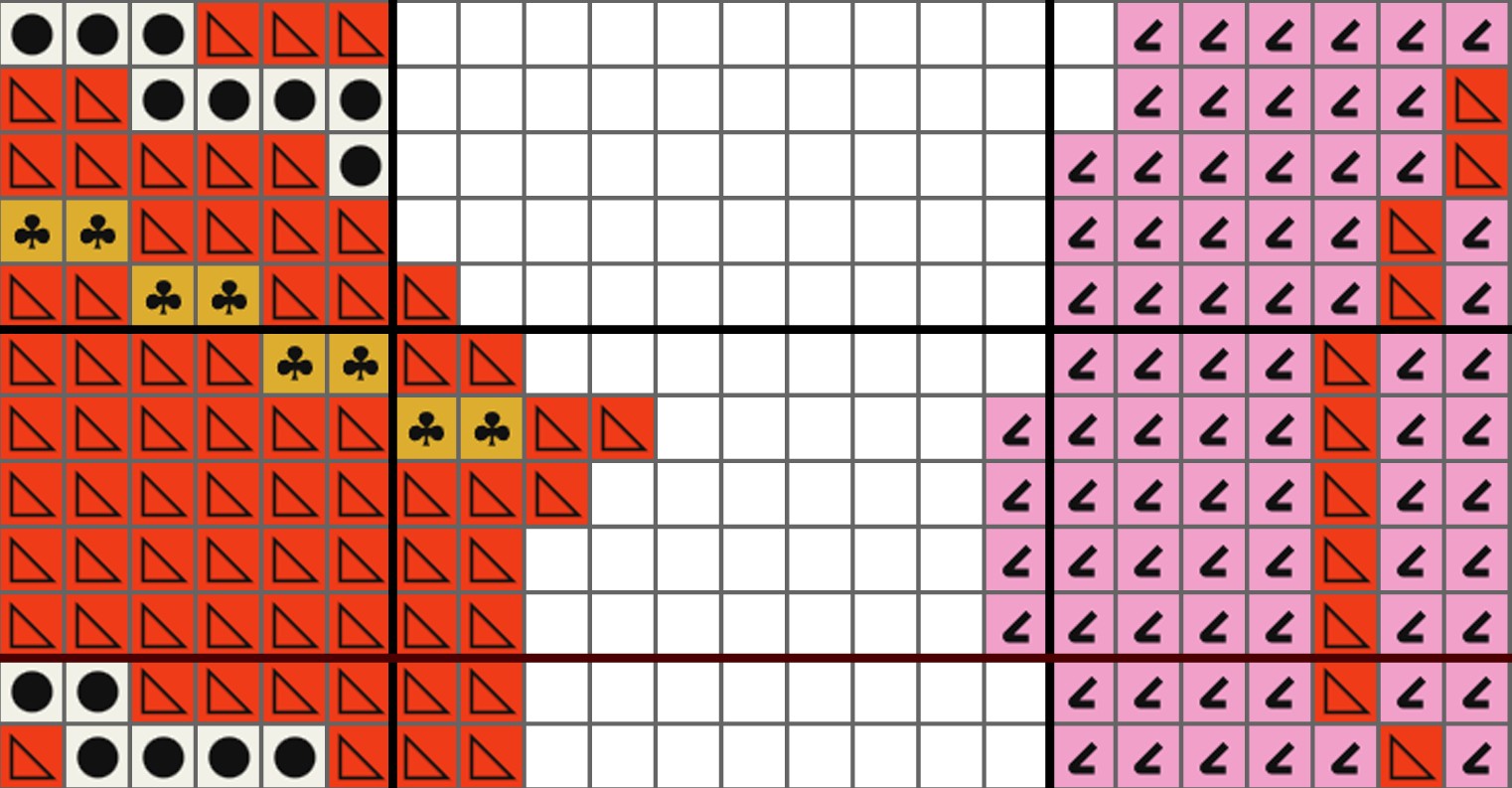 Grid pattern with colored shapes and symbols