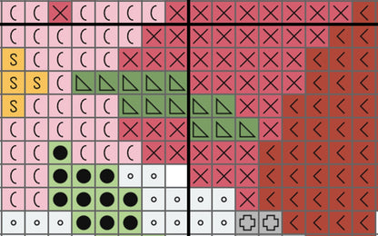 Grid with various symbols including crosses, circles, triangles, and a plus sign on a pink background.