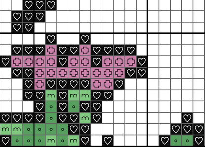 Grid pattern with black hearts, pink plus signs, and green 'm' letters on a white background.