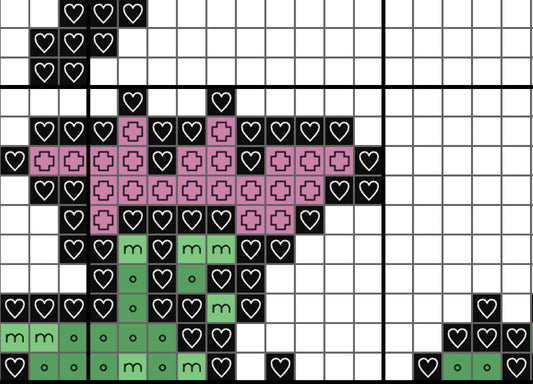 Grid pattern with black hearts, pink plus signs, and green 'm' letters on a white background.