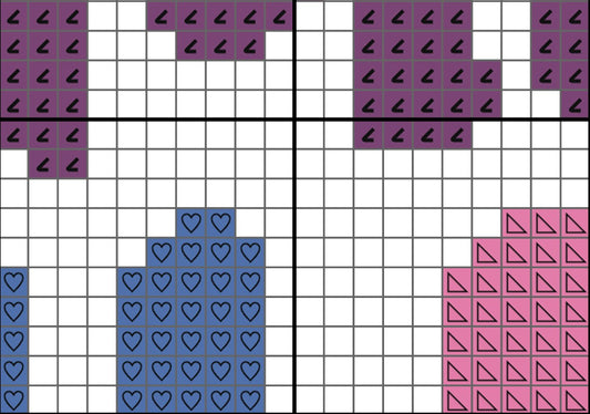 Grid with shapes colored in purple, blue, and pink on a white background