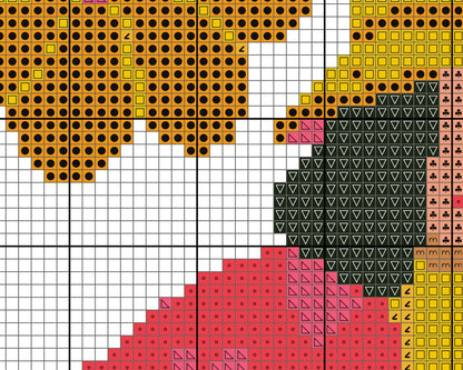 Pixelated design with various shapes and colors on a grid background