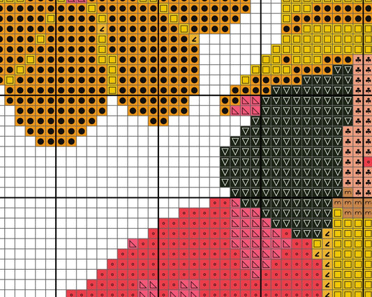 Pixelated design with various shapes and colors on a grid background