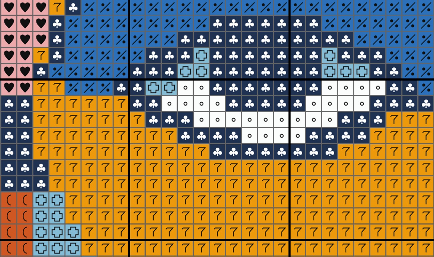 Grid of playing card symbols with numbers '7' in a pattern