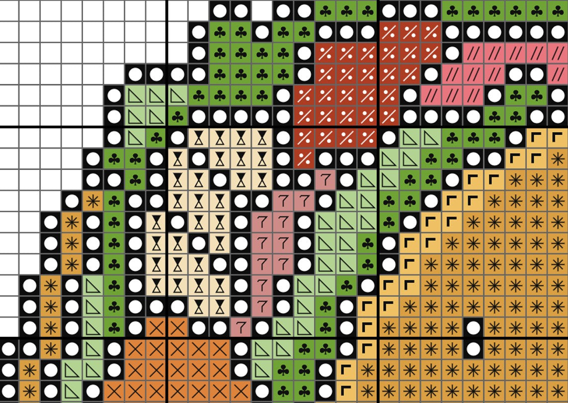 Grid pattern with various symbols including circles, triangles, and geometric shapes in different colors.
